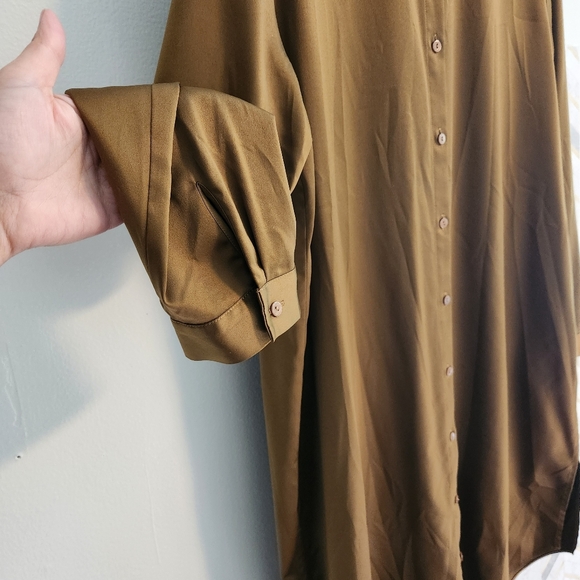 Eileen Fisher Large Gold Leaf Recycled Satin Long Shirt Dress Mandarin Collar - Picture 8 of 10